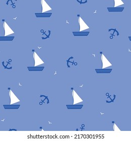 Seamless vector marine pattern . ships, anchors and seagulls. Blue  background. fashionable print for textiles, wallpaper and packaging.