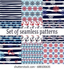 Seamless vector marine pattern with waves, anchor