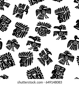 Seamless vector maya pattern. Black and white ethnic elements. Tribal doodles ornament. Abstract ancient symbols birds, animals and faces