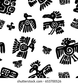 Seamless vector maya pattern. Black and white ethnic elements. Tribal doodles ornament. Abstract ancient symbols birds, animals and faces
