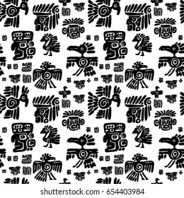 Seamless vector maya pattern. Black and white ethnic elements. Tribal doodles ornament. Abstract ancient symbols birds, animals and faces