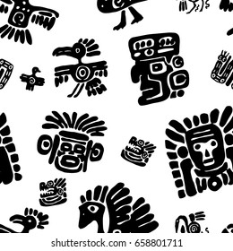 Seamless vector maya pattern. Black and white ethnic elements. Tribal doodles ornament. Abstract ancient symbols birds, animals and faces