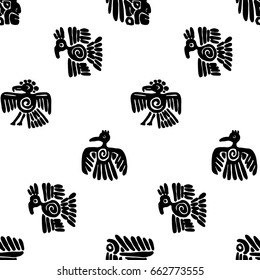 Seamless vector maya pattern. Black and white ethnic elements. Tribal doodles ornament. Abstract ancient symbols birds