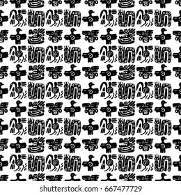 Seamless vector maya pattern. Black and white ethnic elements. Tribal doodles ornament. Abstract ancient symbols birds, animals and faces