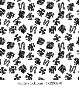 Seamless vector maya pattern. Black and white ethnic elements. Tribal doodles ornament. Abstract ancient symbols birds, animals and faces