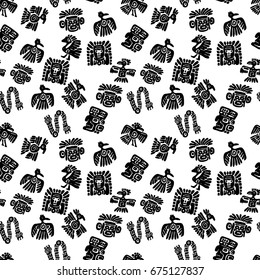 Seamless vector maya pattern. Black and white ethnic elements. Tribal doodles ornament. Abstract ancient symbols birds, animals and faces