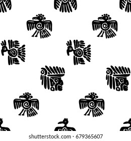 Seamless vector maya pattern. Black and white ethnic elements. Tribal doodles ornament. Abstract ancient symbols birds, animals and faces