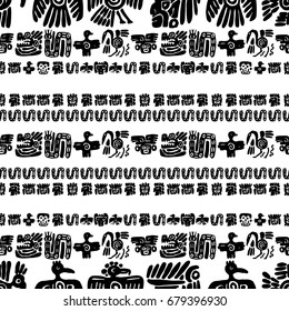 Seamless vector maya pattern. Black and white ethnic elements. Tribal doodles ornament. Abstract ancient symbols birds, animals and faces
