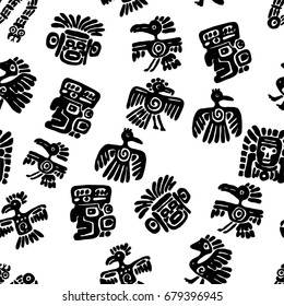 Seamless vector maya pattern. Black and white ethnic elements. Tribal doodles ornament. Abstract ancient symbols birds, animals and faces