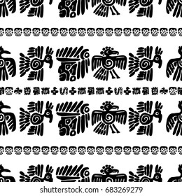 Seamless vector maya pattern. Black and white ethnic elements. Tribal doodles ornament. Abstract ancient symbols birds, animals and faces