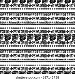 Seamless vector maya pattern. Black and white ethnic elements. Tribal doodles ornament. Abstract ancient symbols birds, animals and faces