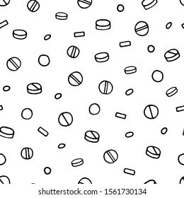 Seamless vector medical pattern. Black outline of pills isolated on a white background. Pills, medicines, painkillers, antibiotic, vitamins on a pharmaceutical illustration for wallpaper, card, poster