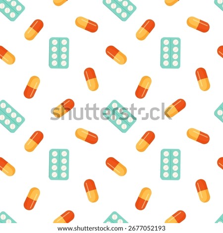 Seamless vector medical pattern with orange capsules and mint blister packs on white. Clean flat style for pharmacy packaging, healthcare branding, clinic wallpaper, and flu-season visuals