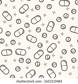Seamless vector medicine pattern with pills and capsules in line style. Healthcare illustration with repeatable tablet icons. Pharmacy drugstore concept background.