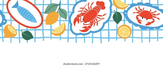Frontera mediterránea de Vector sin fisuras. Marco caprichoso con langosta y limones.