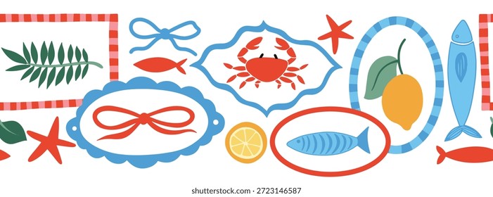 Frontera mediterránea de Vector sin fisuras. Marcos caprichosos con langosta y cangrejos.