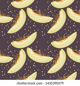 Seamless vector with melon. Juicy and ripe melon slices. Summer background. Wrapping paper, print, wallpaper. Vector illustration.