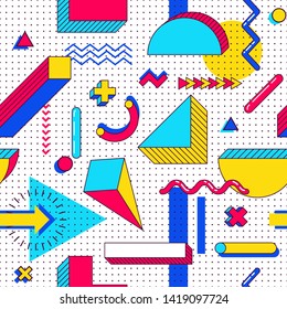 Seamless Vector Memphis Pattern. Abstract 90s Trends Elements With Multicolored Simple Geometric Shapes. Shapes With Triangles, Circles, Lines