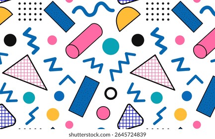 Seamless vector Memphis-style pattern with irregular pink, lavender, turquoise and yellow geometric shapes on white and transparent backgrounds, playful 80s abstract design