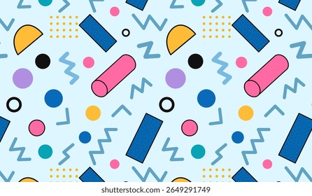 Vetor sem emenda padrão de estilo Memphis com rosa irregular, lavanda, turquesa e formas amarelas no fundo azul pastel, divertido design retro abstrato dos anos 80