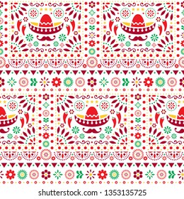 Seamless vector Mexican floral pattern with sombrero, chili peppers and flowers, happy repetitive background. Folk art design, retro ornament form Mexico, vibrant composition in red, orange and green 