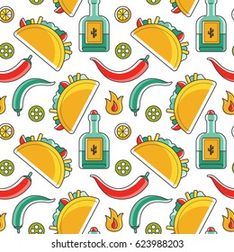 Seamless vector mexican pattern in modern flat design style. Tequila, tacos and hot chili background, good as wrapping paper for cafes.