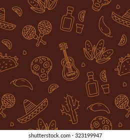 Seamless Vector Mexican Pattern On A Brown Background, Painted By Hand.