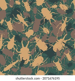 Seamless vector military texture with silhouettes of various bugs and beetles. Green and brown spots of the camouflage have shapes of insects, stag-beetle and bugs, seamless vector pattern. 