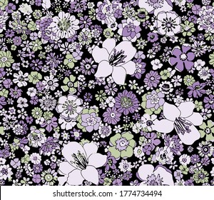 seamless vector millefleurs pattern on black background, lilac and green flowers