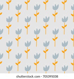 Seamless vector minimal colorful cute hand drawn pattern. White, blue and orange flowers, tulips background. Floral texture. Gift wrapping paper, interior, cloth, fabric or web design.