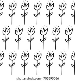 Seamless vector minimal monochrome cute hand drawn pattern. Flowers, tulips drawn with black stroke, line on white background. Floral texture. Gift wrapping paper, interior, cloth, fabric.