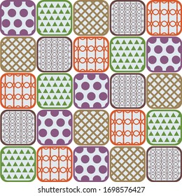 Seamless vector minimalistic geometric colorful pattern for various design and textile. Pattern wit circles triangles, rounded rectangles