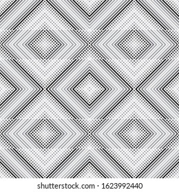 Seamless vector models. Modern geometrical minimalist half tone texture in gradation of gray. An abstract ornament from small circles and diagonal lines in the form of indexes, corners, a dotted line.