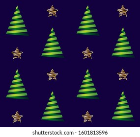 Seamless vector modern 3D christmas tree pattern design. Green tree made with ribbon and golden stars. On dark blue background.