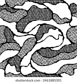 
Seamless vector modern black and white pattern, wavy lines, vertical strokes, dots, horizontal rows of dots, areas with different shading, black pattern on a white background