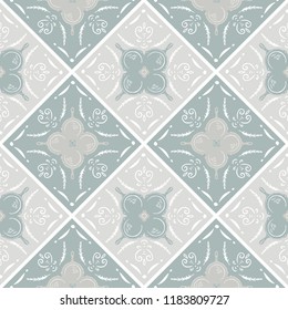 Seamless Vector Modern Farmhouse Cast Iron Skillet Motif on Geometric Tiles in Sage, Cream, Tan, and White. Great for fabric, kitchen textiles, scrapbooking, wallpaper, & home decor.