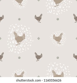 Seamless Vector Modern Farmhouse Chicken and Egg Polka Dot Print in Shades of Brown. Great for home decor, fabric, scrapbooking, textiles, wallpaper, print projects.