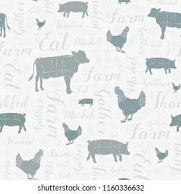 Seamless Vector Modern Farmhouse Cow, Chicken, and Pig Pattern in Blue, Gray, Green, & Silver with Swirly Script Text. Great for home decor, fabric, scrapbooking, textiles, wallpaper, print projects.