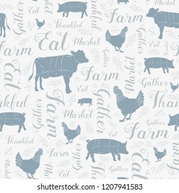 Seamless Vector Modern Farmhouse Cow, Chicken, and Pig Pattern in Blue, Gray, & Silver with Swirly Script Text. Great for home decor, fabric, scrapbooking, textiles, wallpaper, print projects.