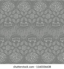 Seamless Vector Modern Farmhouse Pig Vertical Hand Drawn Line and Doodle Pattern in Brown and White. Great for fabric, scrapbooking, home decor, textiles, and backgrounds.