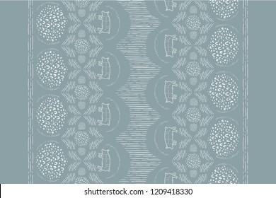 Seamless Vector Modern Farmhouse Pig Horizontal Hand Drawn Line and Doodle Tea Towel Pattern in Sage and White. Great for fabric, scrapbooking, home decor, textiles, and backgrounds.