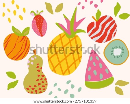 Seamless vector modern flat set of abstract patterned summer fruits: pineapple, watermelon, pear, kiwi, orange, and strawberry. Scandinavian folk-art style design.