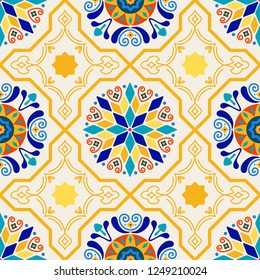 Seamless Vector Modern Moorish Geometric Spanish Moroccan Ceramic Floor Tile Shapes in Butter Yellow & Royal Blue. Great for textiles, fabric, home decor, paper crafting, backgrounds, and wallpaper.