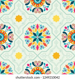 Seamless Vector Modern Moorish Geometric Spanish Moroccan Ceramic Floor Tile Shapes in Mint Green, Pink, Orange, Yellow. Great for textiles, fabric, home decor, paper crafting, backgrounds, wallpaper.