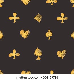 Seamless vector modern pattern with card suits: diamonds, hearts, clubs, spades. Gold in dark grey background