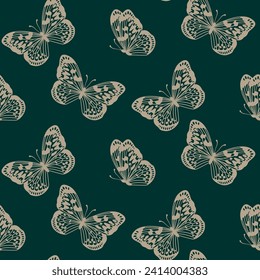 Patrón de mariposas de monarca vectorial sin foco para papel tapiz y papel de regalo. Mariposa dorada en la huella de fondo verde esmeralda. Fondo retro de insectos de moda para tela, textil, diseño, pancarta