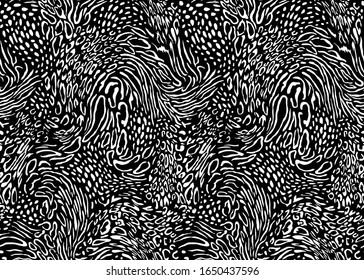 Seamless Vector. Monochrome collage leopard and zebra animal skin background. Repeatable ready template.