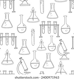 Seamless vector monochrome pattern with doodles science and education. Outline sketches on white background. Microscope, test tubes line illustrations