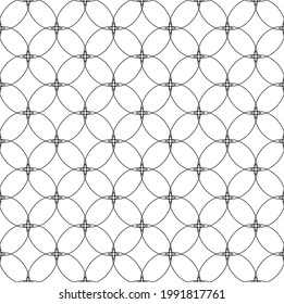 Seamless vector monochrome pattern of geometric shapes, lines, circles and rhombuses.Abstract seamless vector black pattern in linear style isolated on white background.A versatile black  texture.