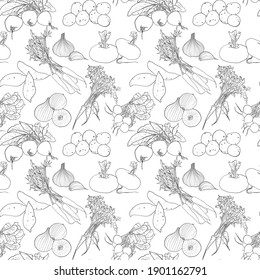 Seamless vector monochrome pattern with hand drawn root vegetables. Carrot, potato, onion, garlic, turnip, sweet potato, parsnip, beetroot, radish outline